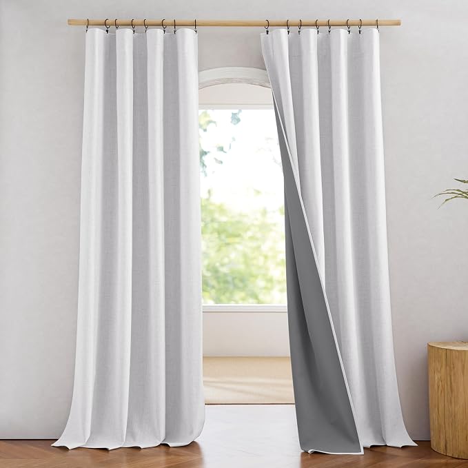 NICETOWN Full Blackout Linen Curtains 108" Length with Thermal Insulated Liners for Living Room, Farmhouse Style Keep Cool & Warm Large Window Drapes for Hall (Greyish White, 2 Panels, 52" Wide)