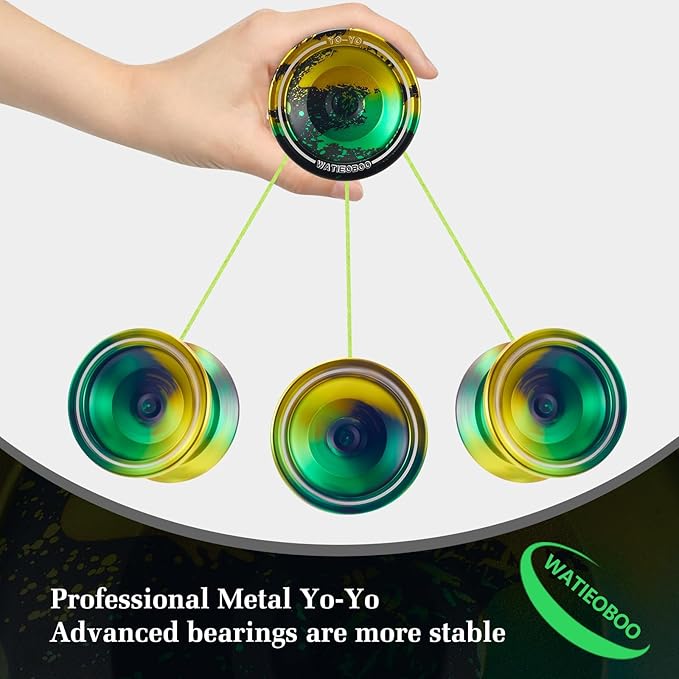 WATIEOBOO Yoyo Professional Metal Responsive Yoyo,Unresponsive Yo yo for Adults with Glove and 10 Replacement Yoyos Strings -Black Green Yellow