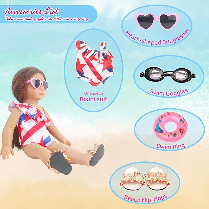 18 Inch Doll Clothes & Accessories Bundle-5-Pcs Summer Beach Playset with Swimsuit,Sandals,Goggles,Sunglasses & Inflatable Ring for 18 Dolls Wardrobe