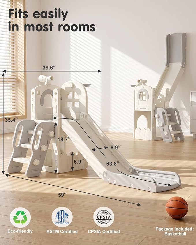 Babytronic Toddler Slide for Kids 1-3, 6-in-1 Toddler Slide Set with Basketball Hoop & Telescope, Indoor Outdoor Toddler Playset, Kids Climber Playset for Small Spaces, Indoor Playground, Cream & Gray