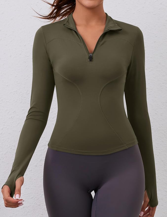 LOMON Womens Long Sleeve Workout Tops Quick Dry Quarter Zip Pullover Crop Yoga Athletic Slim Fit Shirts