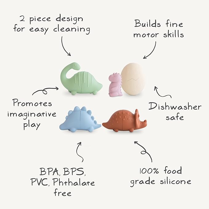 mushie Dino Bath Toys Play Set for Toddlers | 100% Food Grade Silicone | Mold Free, Pack of 5