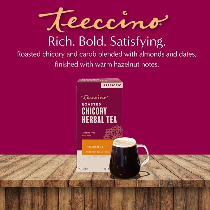 Teeccino Hazelnut Herbal Tea - 25 Tea Bags - Rich & Roasted Herbal Tea That’s Caffeine Free & Prebiotic for Natural Energy,