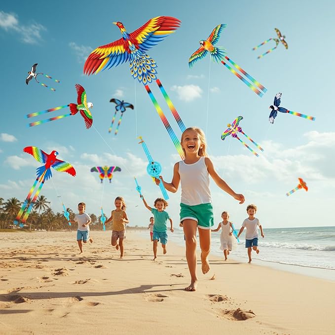 VioraWhite 10 Pcs Fishing Rod Kite for Kids, Vivid Butterfly Swallow Parrot, Easy to Fly, Swallows, Bald Eagles, Magpies Kites for Family Adults Spring Outdoor Beach