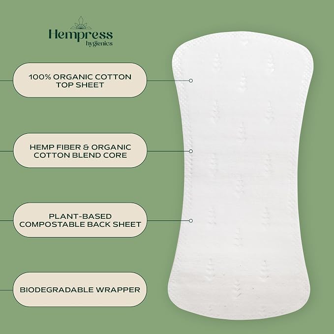 Hempress Panty Liners for Women, Organic Pads for Feminine Care, Light Absorbency, Ultra Thin and Comfortable Menstrual Liners, Breathable Cotton, Fragrance Free & Gentle on Sensitive Skin (120 Count)