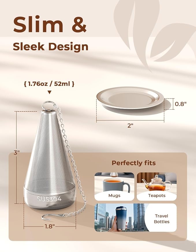 2 Pack Cone Tea Infusers for Loose Leaf Tea, 304 Stainless Steel Tea Strainer Fine Mesh, 1.8” x 3” Loose Leaf Tea Steeper with a Drip Tray