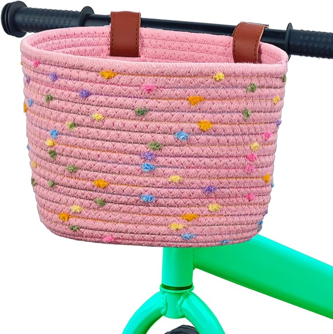 Kids Bike Basket for Boys and Girls, Children's Bicycle Basket Woven With Sisal Rope, Cute Decorative Accessories for Balance Bikes and Scooters