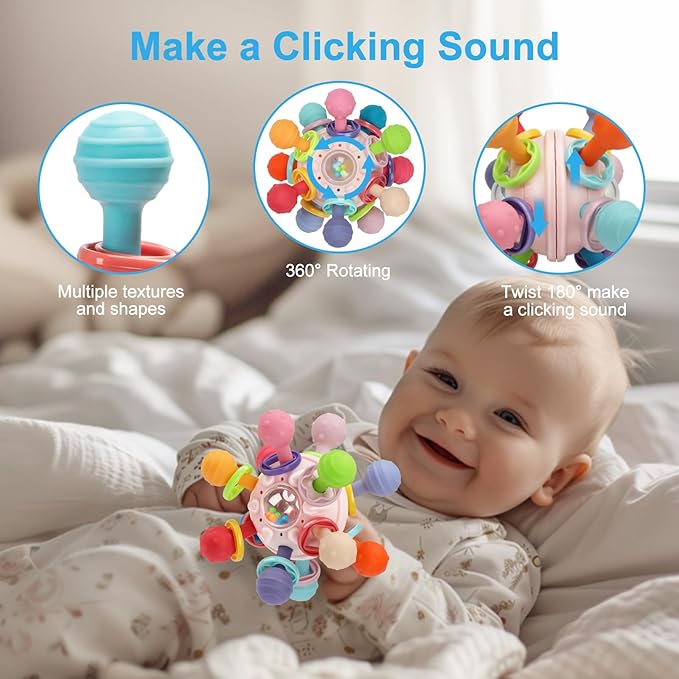 Baby Teething Toys, Baby Teethers Montessori Sensory Toys for 0-6 6-12 Months, Gifts for 1 Year Old Boys Girls Infant Newborn 0 3 6 9 12 18 Months Toys, Pink