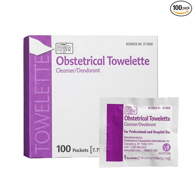 Hygea Obstetrical Towelette, Postpartum Care, Feminine Personal Cleansing Wipe With Benzalkonium Chloride, Individually Wrapped, 100 Wipes Per Box