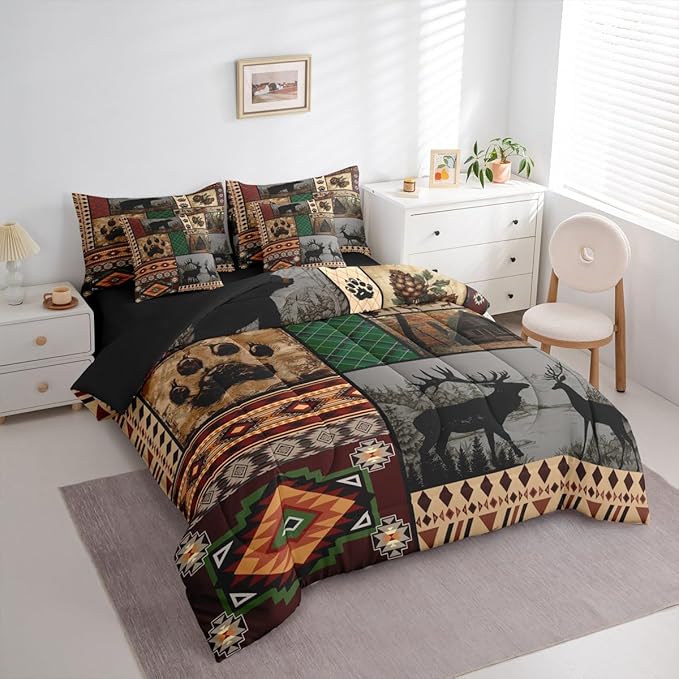 Feelyou Rustic Cabin Bear Deer Comforter Set with Sheets 7 Piece King Size Wild Animal Bedding Set for Kids Boys Girls Hunting Theme Bed in a Bag Western Farmhouse Room Decor Soft Microfiber