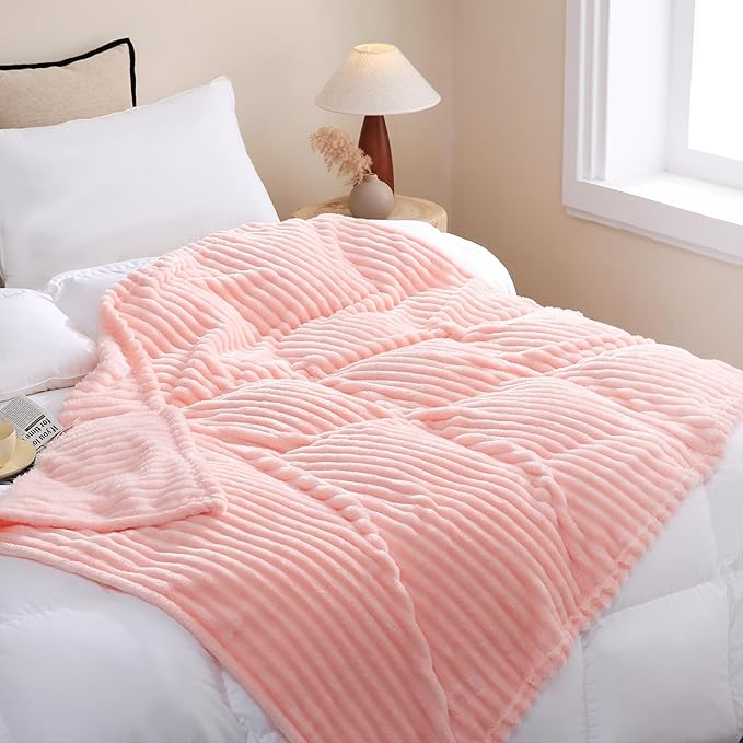 Light Pink Fleece Throw Blanket 50”×60” for Couch Sofa Livingroom | Super Soft Cozy Plush Microfiber Flannel Bed Blanket Striped Design Lightweight Home Decor Gifts for Adults Mom Women