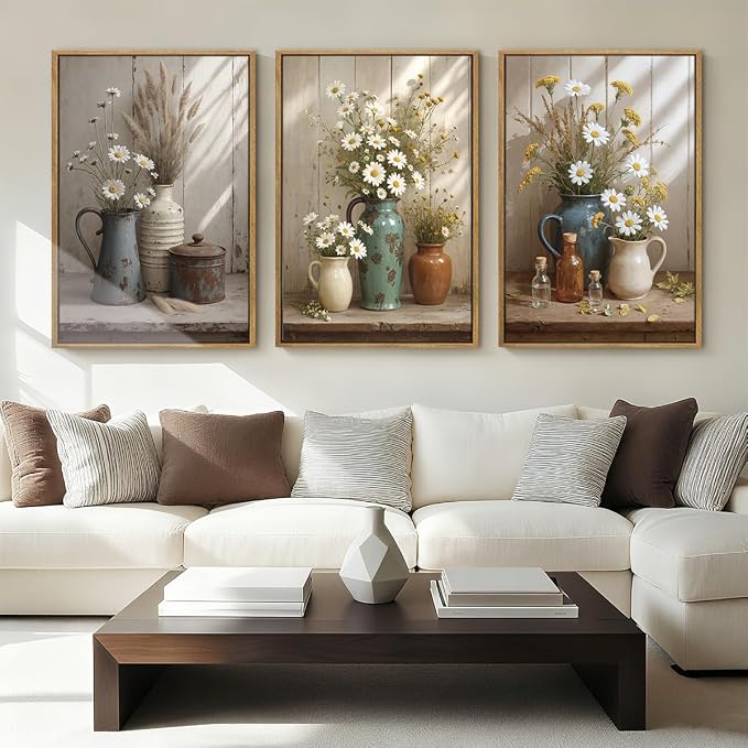 ANHUIB Vintage Wildflower Botanical Canvas Wall Art Framed Rustic Farmhouse Floral Pictures Wall Decor Country Daisy Painting 16x24 Inch Flower Set of 3 for Living Room Bedroom Office