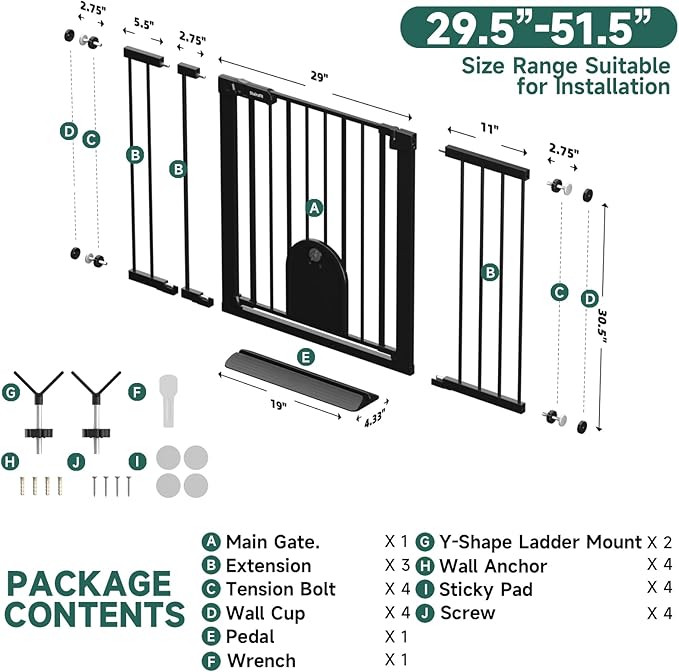 29.5"-51.5" Extra Wide Baby Gate with Cat Door for Stairs & Doorways - 30.5" Tall Auto-Close Metal Gate - No Drilling Pressure Mounted Dog Gate Indoor with Door (Black)
