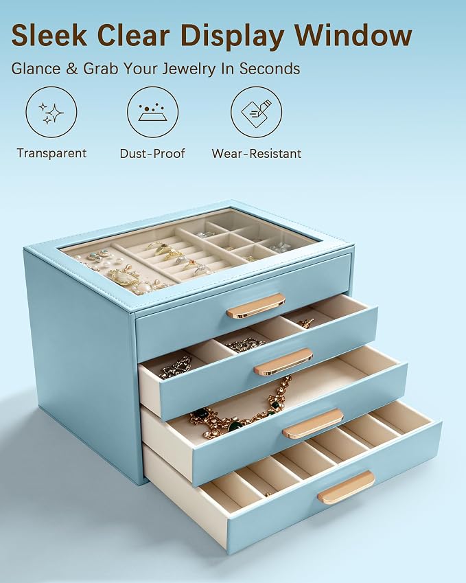 Homeanda Jewelry Boxes Organizer with Glass Lid, 4-Layer PU Leather, Blue | Modern style display case with 4 drawers for daily jewelry, women, mom or girl gift