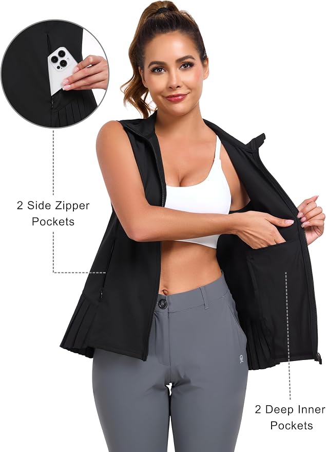 Little Donkey Andy Women's Golf Vest Outerwear | Pleated Hem Sleeveless Athletic Jacket for Running Yoga Tennis