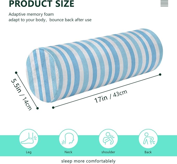 Bolster Pillow and Cover Bed Neck Roll Pillow Round Pillows for Neck Cylinder Pillow Decorative Memory Foam Back Support Light Blue Stripe