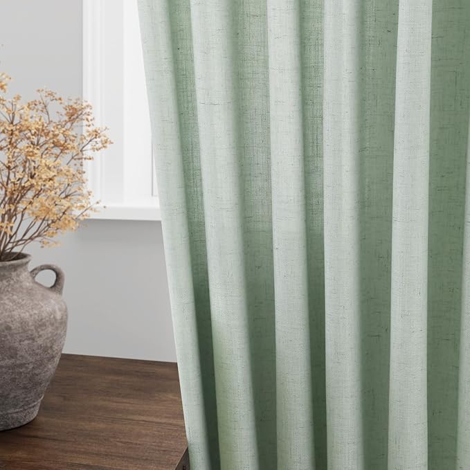 Nanspring Aqua Green Linen Curtains 52x72 Inch 2 Panels | Semi Sheer Light Filtering, Back Tab Rod Pocket, Living Room & Bedroom, Modern Farmhouse Decor