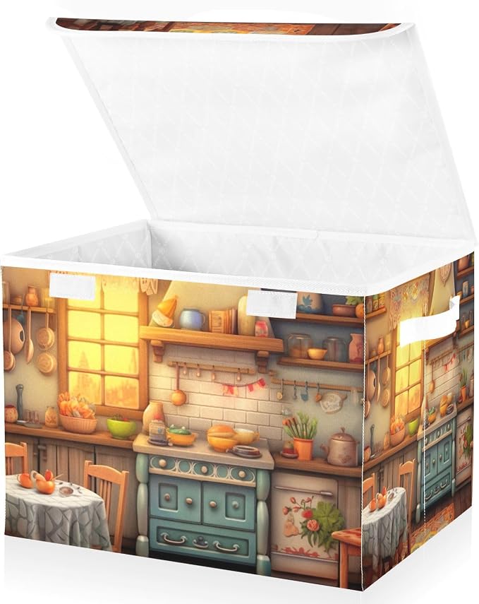 Rustic Kitchen Pattern Storage Bins with Lids and Carrying Handle,Foldable Storage Boxes Organizer Containers Baskets Cube with Cover for Home Bedroom Closet Office