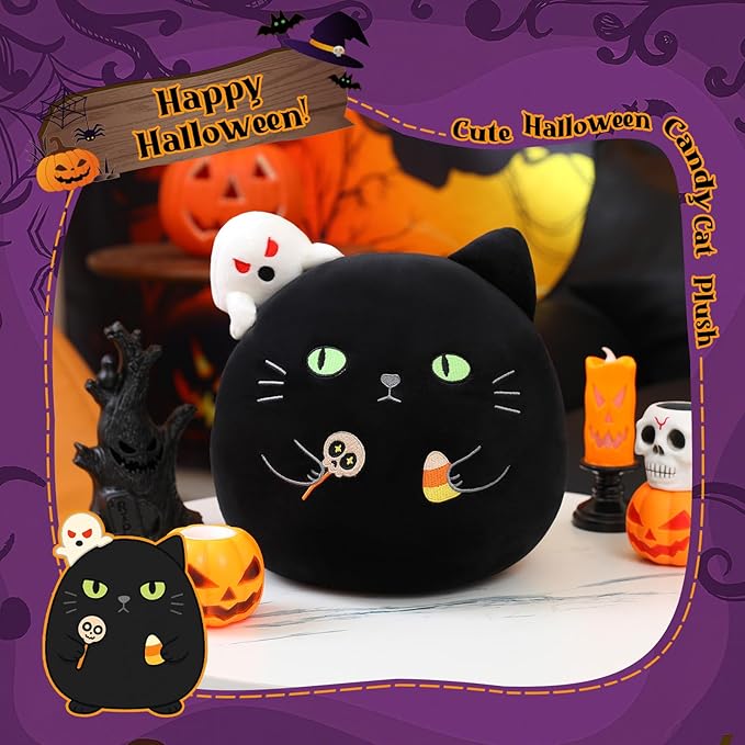 Halloween Candy Cat Stuffed Animal Toy, Black Cat Plush with Ghost and Candy for Home Decor, Halloween Party Gift for Kids（Candy Cat 10 Inch）