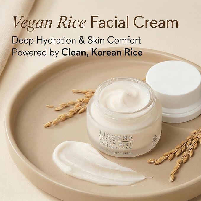LICORNE Vegan Rice Facial Cream with AHA & PHA – Lightweight Korean Moisturizer, Rice Bran Extract, Niacinamide & Glycolic Acid, Smooth Dewy Glass Skin, Daily Face Cream Sensitive Skin, 1.69 fl oz