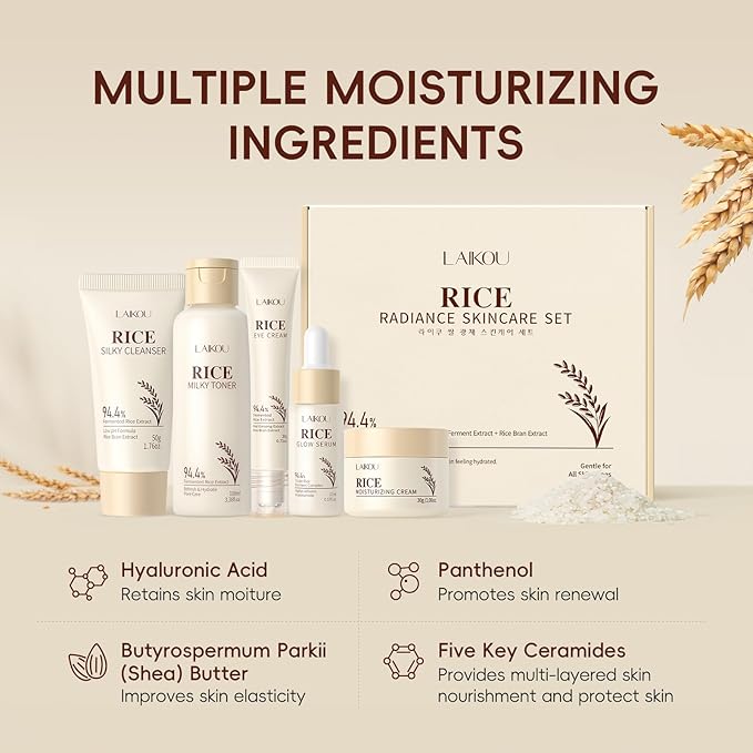 LAIKOU Skin Care Set, Korean Skin Care with Rice Cleanser, Toner, Serum, Eye Serum, Moisturizing Cream 5pcs for Women Teen Girls Mom Daughter Mother's Day Birthday Christmas Lover Korean Beauty
