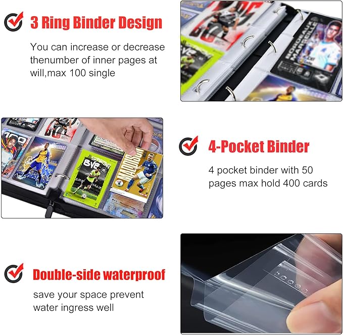 400 Pockets Soccer Card Binder, Portable Waterproof Storage Card Album with Removable Sleeves for Sports Soccer Cards 2025 2026 Collectors