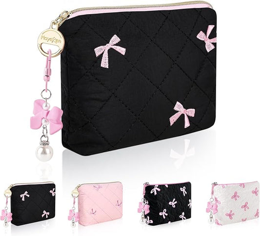 Mini Makeup Bag, Quilted Small Cosmetic Bag for Purse with Keychain, Portable XS Travel MakeupBow Pouch, Gifts for Birthday/Wedding/Party/Christmas (Black)