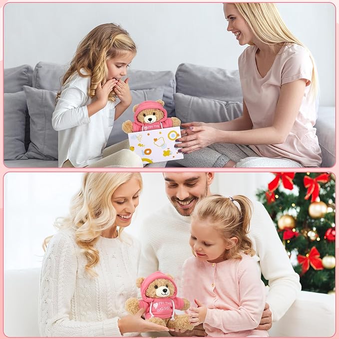 “I’m The Big Sister” Teddy Bear Stuffed Animal with Gift Box Removable Pink Hoodie Bracelet, Big Sister Gifts for Girls Who Promoted to Big Sister with Beautiful Greeting Card