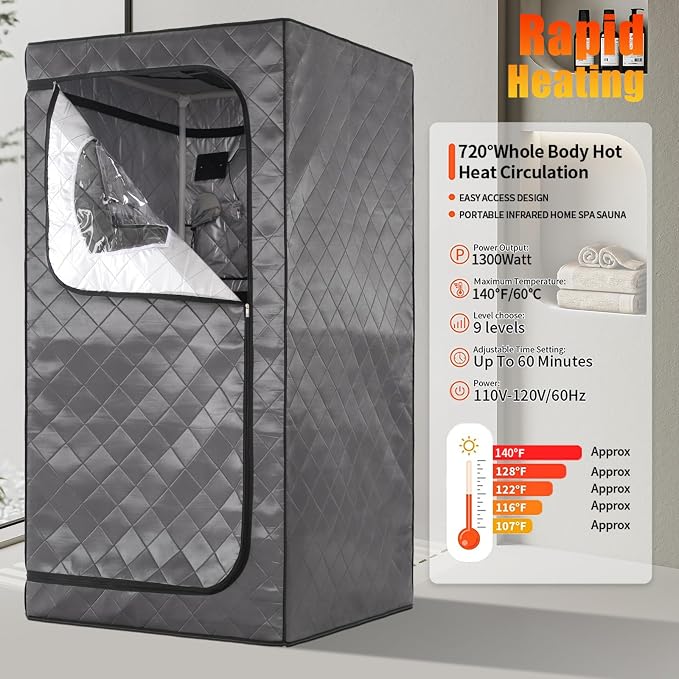 Gollense Portable Infrared Sauna for Home Spa | Full Size 1 Person Sauna | Full Body Personal Far Infrared Sauna Tent 5.5ft Tall | with Heating Foot Pad, Portable Chair, Dark Grey