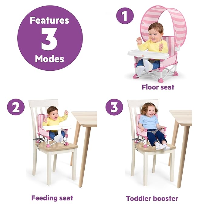Bright Starts Pop 'N Sit Cabana Portable Booster Chair with UPF Canopy, Floor Seat for Indoor/Outdoor Use, Compact Fold, Pink, 6 Months–3 Years