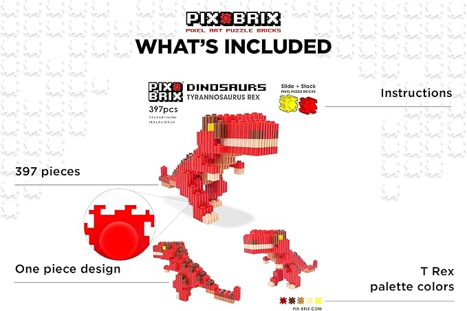 Pix Brix Pixel Art Puzzle Bricks – Dinosaur Series, T Rex – Patented Building Brick Set to Recreate Your Favorite Dino, Includes 397 Pieces – Create 2D and 3D Builds Without Water, Iron or Glue