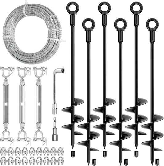 30" Ground Anchors Shed Anchors Kit with 3/16" 75FT Galvanized Cable & M6 304 Stainless Steel Turnbuckles, Heavy Duty Earth Anchors for Sheds Trees Trampoline Greenhouse Swing Set Tent, 6Pack Black