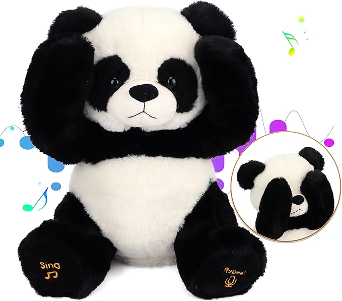 Cuteoy Peek A Boo Panda Bear Plush Toy Interactive Electric Stuffed Animal Repeats What You Say Singing Talking Musical Plushies Gifts for Christmas Birthday 11''