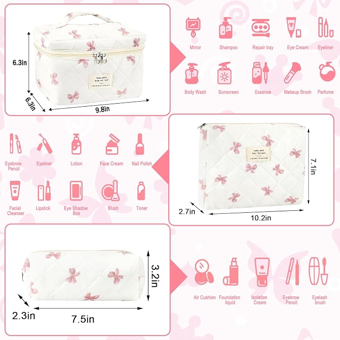 URSKYTOUS 3Pcs Cotton Quilted Makeup Bag for Women Extra Large Coquette Small Floral Travel Cosmetic Bag Set Aesthetic Cute Bow Makeup Pouch Portable Toiletry Bag Puffy Essential Storage Organizer