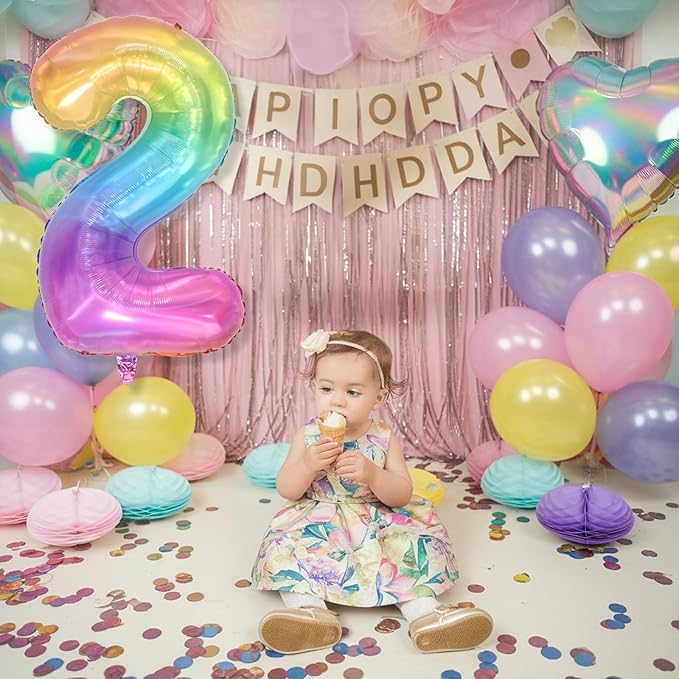 40'' 2 Balloon Number, Large Rainbow Foil Number 2 Balloons Birthday Party Decor, Mylar Self Inflating Multicolor Colorful Jelly Two Balloon for Girls 2nd Birthday Baby Shower Anniversary Decorations