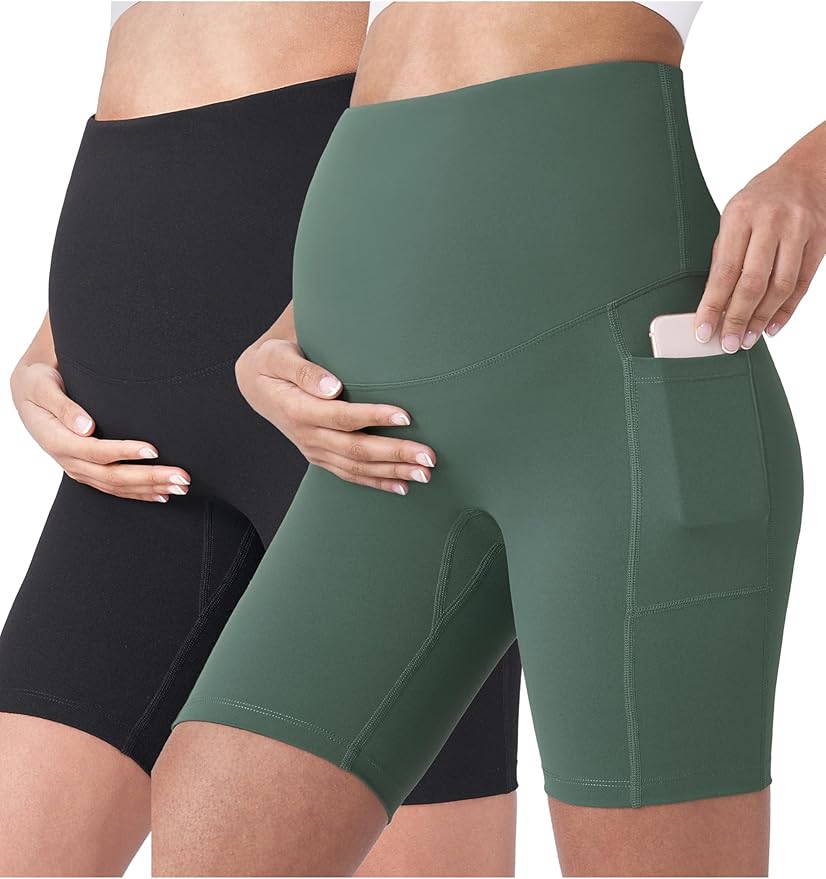 POSHDIVAH Women's Maternity Yoga Shorts Over The Belly Bump Summer Workout Running Active Short Pants with Pockets 5"/8"