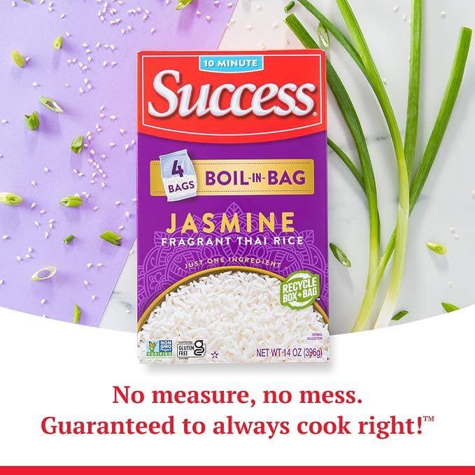 Success Boil-in-Bag Rice, Thai Jasmine Rice, 14-Ounce Box, Pack of 1 | Precooked rice bag for quick and easy meals, stovetop or microwave, ready in 10 minutes, gluten-free, kosher, non-GMO