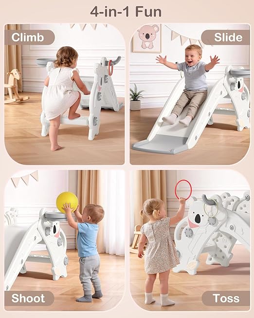 Babytronic Toddler Slide Indoor & Outdoor Playground, 4-in-1 Baby Slide with Climber, Basketball Hoop & Ring Toss, Foldable Freestanding Kids Slide, Climber Playset for Toddlers Ages 1-3, Cream & Gray