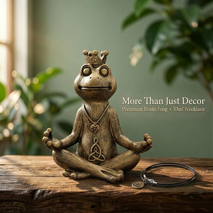 Meditating Zen Frog Statue Decor with Bonus Om Necklace - 5.8" Hand-Painted Resin Figurine - Yoga Room, Office Desk & Shelf Ornaments - Mindful Spiritual Gift for Women & Yoga Lovers（Gold）