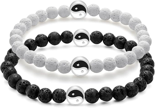 Wild Essentials 2 Bracelet Set, Yin Yang Lava Stones, White, Black, Expandable up to 8 inches, Aromatherapy Jewelry for Women, Men, Best Friends, His and Hers, Essential Oil Diffuser, Grounding Calm