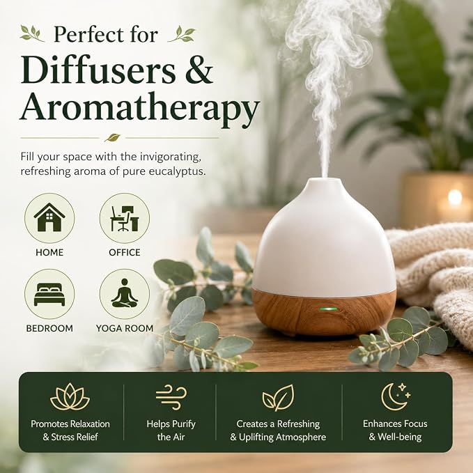 GreenHealth Eucalyptus Essential Oil – 8 fl oz (237 ml) – 100% Pure & Natural – Aromatherapy Oil in Aluminum Bottle with Plug Cap – for Diffuser, Cleaning, Home Fragrance, DIY Use