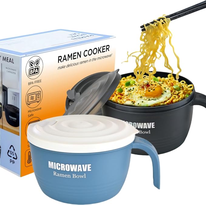 Layron 2 Sets Microwave Ramen Cooker Bowl 45 oz Instant Noodle Bowl with Handles Ramen Noodle Cooker with Spoon Chopsticks Fork Knife College Dorm Room Essentials (Black, Blue)
