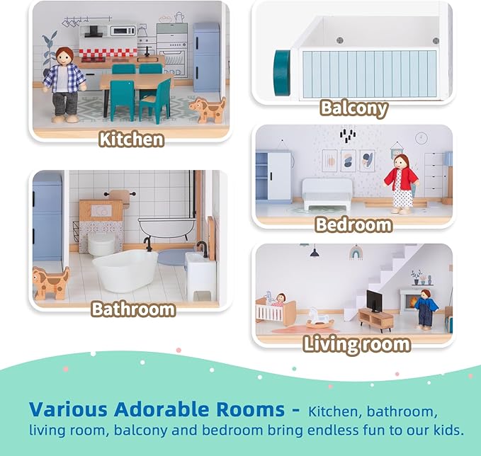 OOOK Wooden Dollhouse with Liftable Elevator - 2.6 Feet High Modern Doll House for Kids Toddlers - Including 21 Furniture Pieces, 4 Family Dolls, and 1 pet