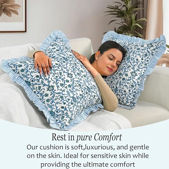 CPC Ocean Vine Hand Block Print 100% Cotton Ruffle Throw Pillow Cover 18x18 inch with Hidden Zipper Decorative for Couch, Bed, Sofa, Farmhouse, Cottagecore Decor Gift Christmas Fall Thanksgiving
