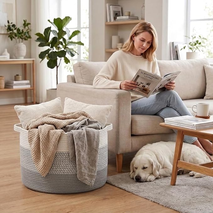 115L Extra Large Blanket Basket,Woven Rope Laundry Basket-Grey | Collapsible, reinforced handles, nursery storage bin organizes clothes, toys and pillows for living room, bedroom bathroom