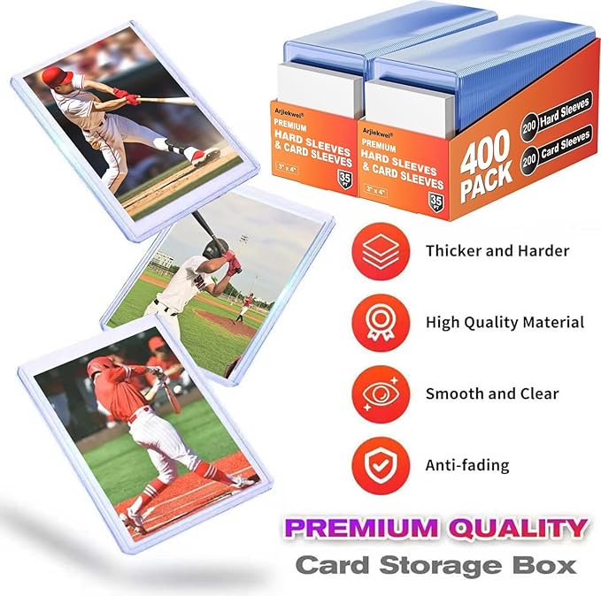 1000 Pack Card Sleeves Hard Plastic, Arjiekwei Rigid Baseball Card Holder, 3X4 Premium Sports Cards Protector, 35pt Top Cases Loads for Trading Game Cards (500 Rigid + 500 Clear)