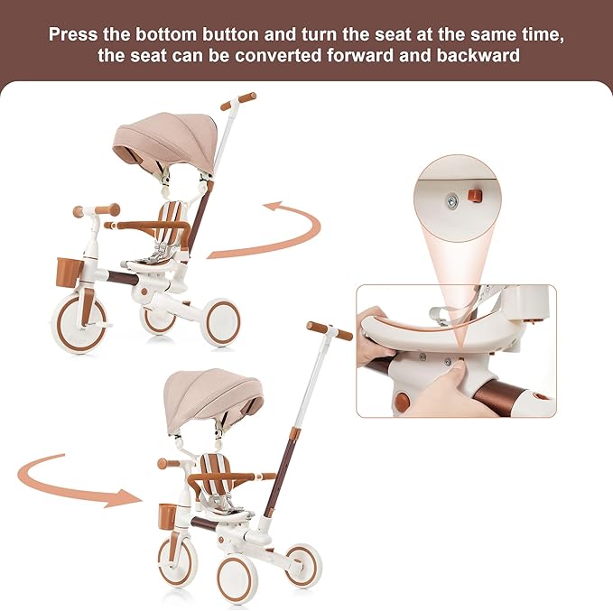 Kids Tricycle with Adjustable Pedals, Removable Canopy & Cup Holder Safe, Portable Toddler Bike