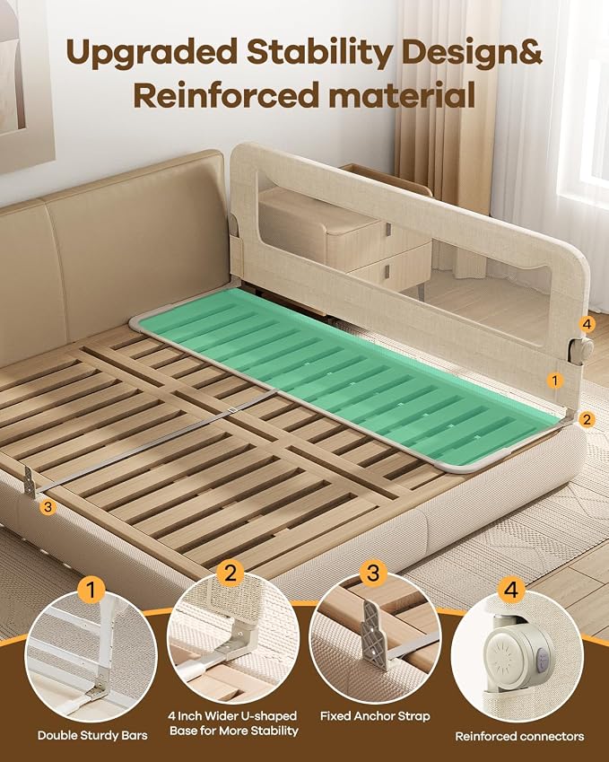 Foldable Bed Rail for Toddlers, 71in Reinforced Carbon Steel Frame&Connectors, Breathable Cationic Fabric, Safety Toddler Bed Rails for Queen, King, Twin, Full, No-Tool Setup.