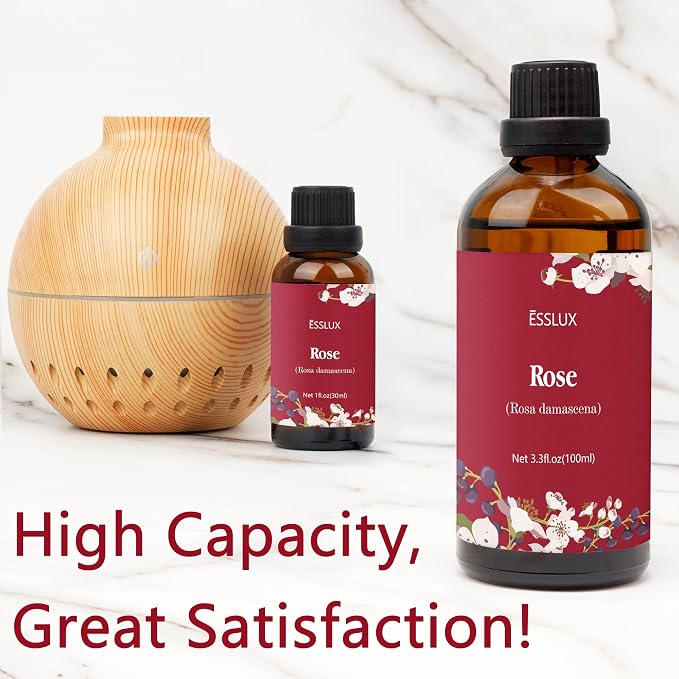 Rose Essential Oil 100ml, ESSLUX Aromatherapy Essential Oils for Diffuser, Massage, Soap, Candle Making, Home Fragrance