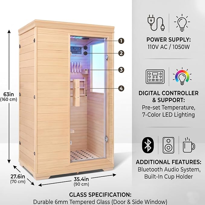 Far Infrared Home Sauna for 1 Person |1050W Low-EMF Sauna Room with Bluetooth Valentine's Day Gift for Her/Him, Wife, Husband, Couples | Canadian Hemlock Wood Indoor Spa for Bedroom, Gym, Basement